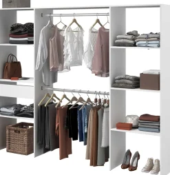 Kleiderschrank Botan 220cm, 6 Einlegeböden, 2 Kleiderstangen und 1 Schublade - weiß