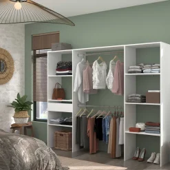 Kleiderschrank Botan 220cm, 6 Einlegeböden, 2 Kleiderstangen und 1 Schublade - weiß