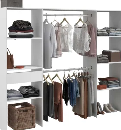 Kleiderschrank Botan 220cm, 6 Einlegeböden, 2 Kleiderstangen und 1 Schublade - weiß