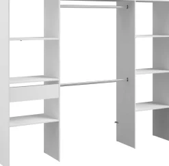 Kleiderschrank Botan 220cm, 6 Einlegeböden, 2 Kleiderstangen und 1 Schublade - weiß