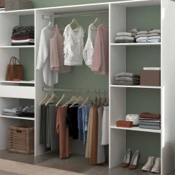 Kleiderschrank Botan 220cm, 6 Einlegeböden, 2 Kleiderstangen und 1 Schublade - weiß