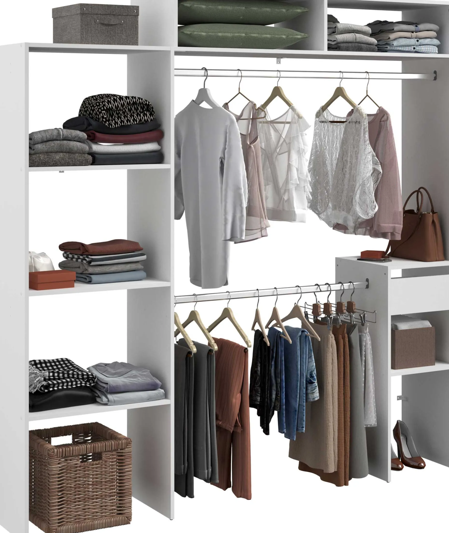 Kleiderschrank Botan 140 - 198cm, 4 Einlegeböden, 2 Kleiderstangen, 1 Schublade - weiß