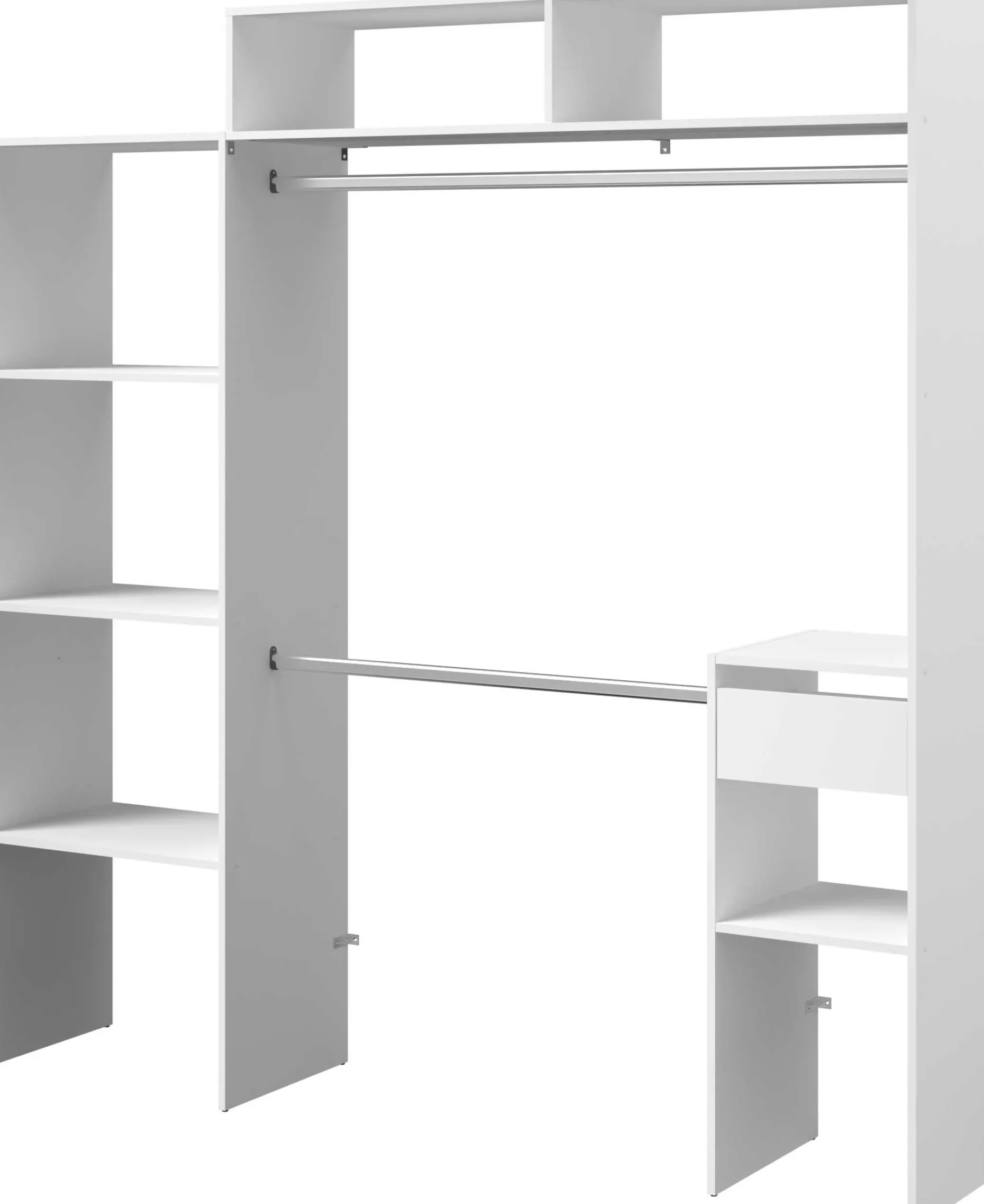 Kleiderschrank Botan 140 - 198cm, 4 Einlegeböden, 2 Kleiderstangen, 1 Schublade - weiß