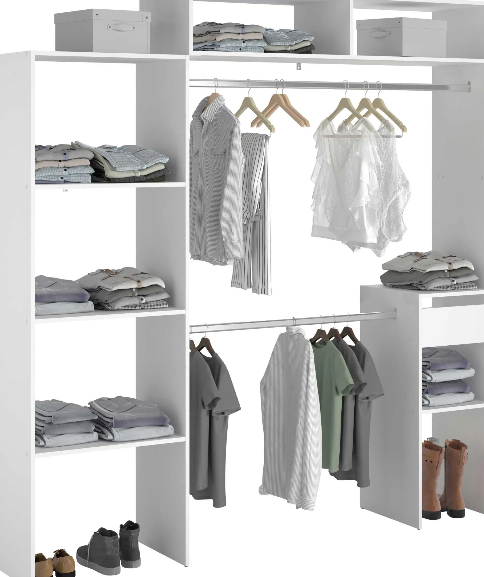 Kleiderschrank Botan 140 - 198cm, 4 Einlegeböden, 2 Kleiderstangen, 1 Schublade - weiß