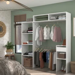 Kleiderschrank Botan 140 - 198cm, 4 Einlegeböden, 2 Kleiderstangen, 1 Schublade - weiß