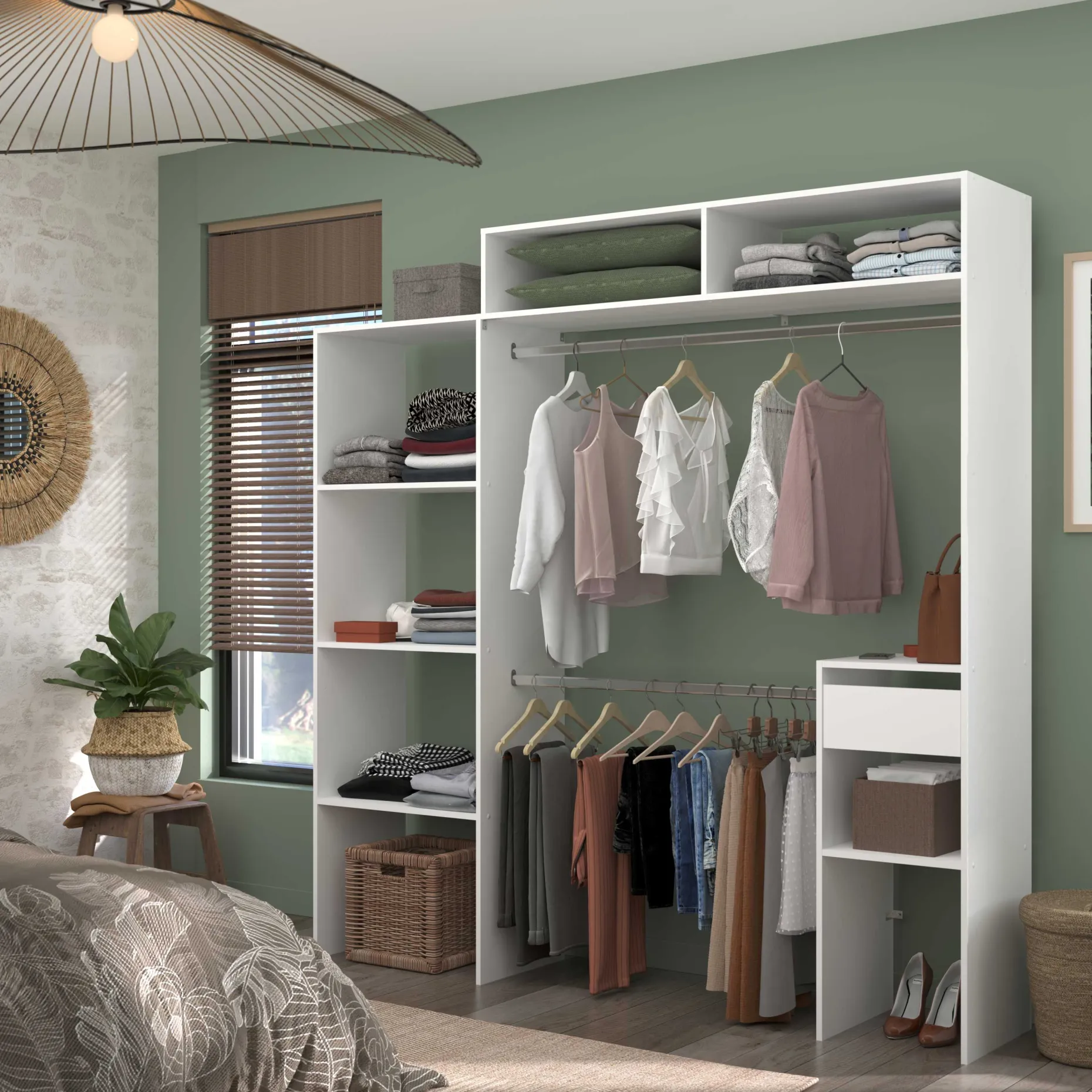 Kleiderschrank Botan 140 - 198cm, 4 Einlegeböden, 2 Kleiderstangen, 1 Schublade - weiß