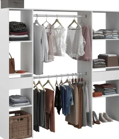 Kleiderschrank Botan 198cm, 6 Einlegeböden, 2 Kleiderstangen und 2 Schubladen - weiß