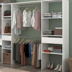 Kleiderschrank Botan 198cm, 6 Einlegeböden, 2 Kleiderstangen und 2 Schubladen - weiß