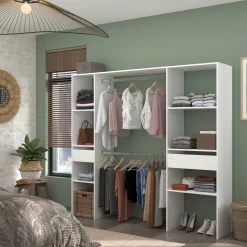 Kleiderschrank Botan 198cm, 6 Einlegeböden, 2 Kleiderstangen und 2 Schubladen - weiß
