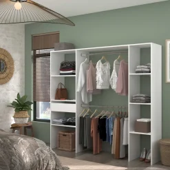 Kleiderschrank Botan 198cm, 6 Einlegeböden, 2 Kleiderstangen und 1 Schublade - weiß