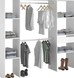 Kleiderschrank Botan 198cm, 6 Einlegeböden, 2 Kleiderstangen und 1 Schublade - weiß