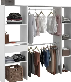 Kleiderschrank Botan 198cm, 6 Einlegeböden, 2 Kleiderstangen und 1 Schublade - weiß