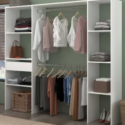 Kleiderschrank Botan 198cm, 6 Einlegeböden, 2 Kleiderstangen und 1 Schublade - weiß