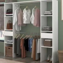 Kleiderschrank Botan 176cm, 6 Einlegeböden, 2 Kleiderstangen und 2 Schubladen - weiß