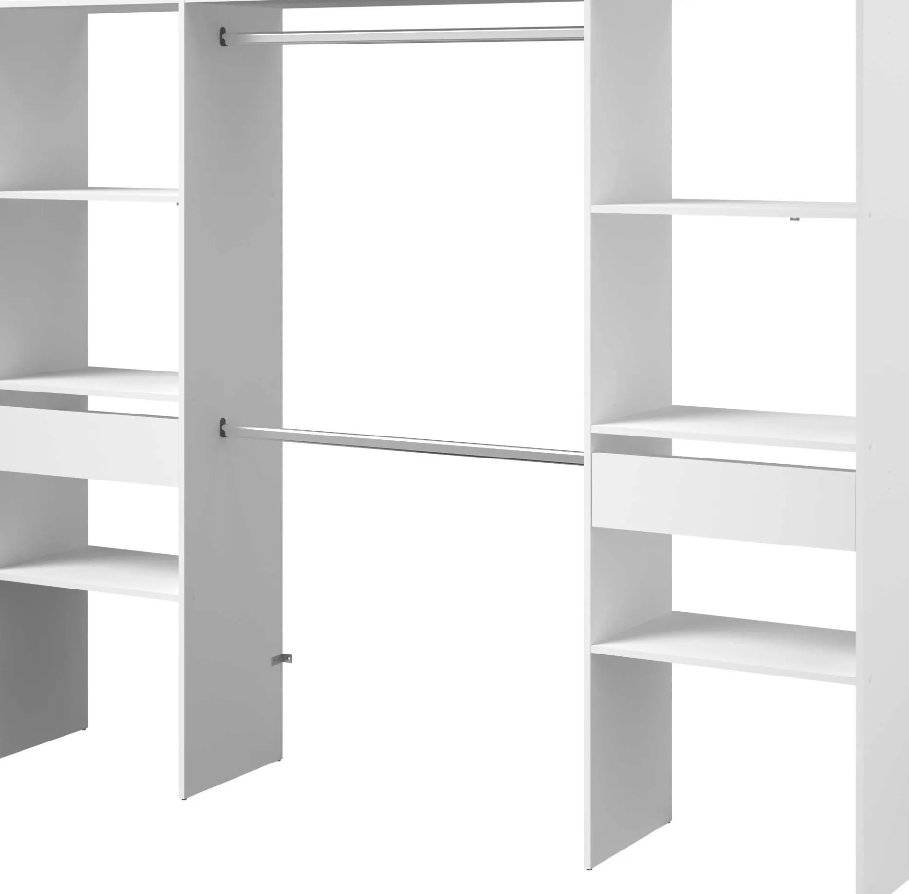 Kleiderschrank Botan 220cm, 6 Einlegeböden, 2 Kleiderstangen und 2 Schubladen - weiß