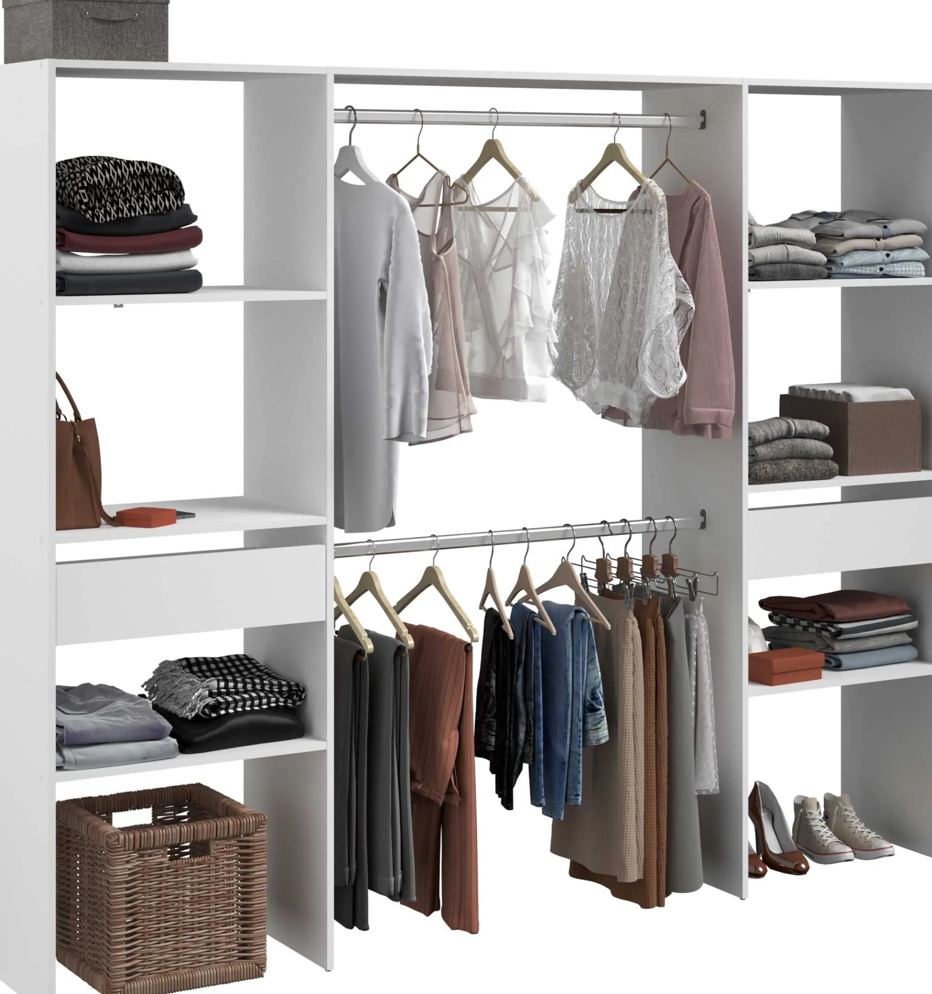 Kleiderschrank Botan 220cm, 6 Einlegeböden, 2 Kleiderstangen und 2 Schubladen - weiß