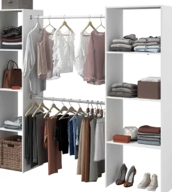 Kleiderschrank Botan 196cm, 6 Einlegeböden und 2 Kleiderstangen - weiß
