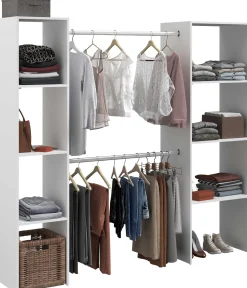 Kleiderschrank Botan 196cm, 6 Einlegeböden und 2 Kleiderstangen - weiß