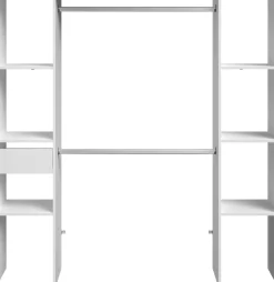 Kleiderschrank Botan 176cm, 6 Einlegeböden, 2 Kleiderstangen und 1 Schublade - weiß