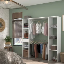 Kleiderschrank Botan 176cm, 6 Einlegeböden, 2 Kleiderstangen und 1 Schublade - weiß