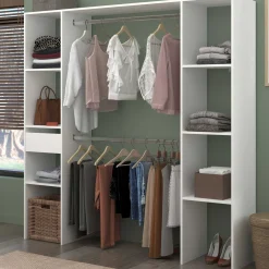 Kleiderschrank Botan 176cm, 6 Einlegeböden, 2 Kleiderstangen und 1 Schublade - weiß