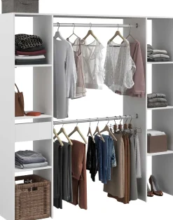 Kleiderschrank Botan 176cm, 6 Einlegeböden, 2 Kleiderstangen und 1 Schublade - weiß