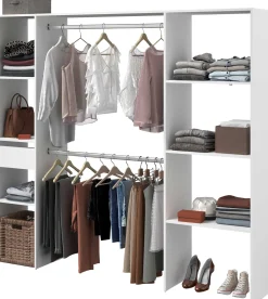 Kleiderschrank Botan 198cm, 6 Einlegeböden, 2 Kleiderstangen und 1 Schublade - weiß