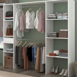 Kleiderschrank Botan 198cm, 6 Einlegeböden, 2 Kleiderstangen und 1 Schublade - weiß