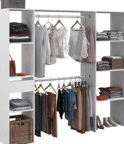 Kleiderschrank Botan 198cm, 6 Einlegeböden, 2 Kleiderstangen und 1 Schublade - weiß