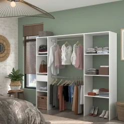 Kleiderschrank Botan 198cm, 6 Einlegeböden, 2 Kleiderstangen und 1 Schublade - weiß