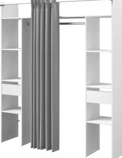 Kleiderschrank Botan 176cm - mit Vorhang - 6 Einlegeböden, 2 Kleiderstangen und 2 Schubladen - weiß