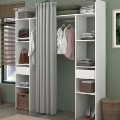 Kleiderschrank Botan 176cm - mit Vorhang - 6 Einlegeböden, 2 Kleiderstangen und 2 Schubladen - weiß