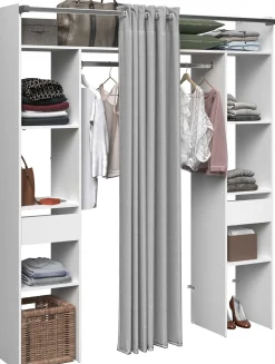 Kleiderschrank Botan 176cm - mit Vorhang - 6 Einlegeböden, 2 Kleiderstangen und 2 Schubladen - weiß