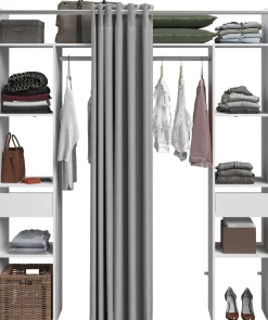 Kleiderschrank Botan 176cm - mit Vorhang - 6 Einlegeböden, 2 Kleiderstangen und 2 Schubladen - weiß