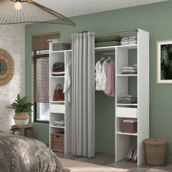 Kleiderschrank Botan 176cm - mit Vorhang - 6 Einlegeböden, 2 Kleiderstangen und 2 Schubladen - weiß