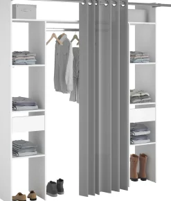 Kleiderschrank Botan 176cm - mit Vorhang - 6 Einlegeböden, 2 Kleiderstangen und 2 Schubladen - weiß