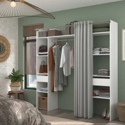 Kleiderschrank Botan 198cm - mit Vorhang - 6 Einlegeböden, 2 Kleiderstangen und 2 Schubladen - weiß
