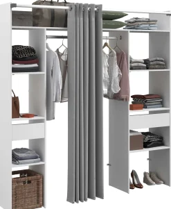 Kleiderschrank Botan 198cm - mit Vorhang - 6 Einlegeböden, 2 Kleiderstangen und 2 Schubladen - weiß