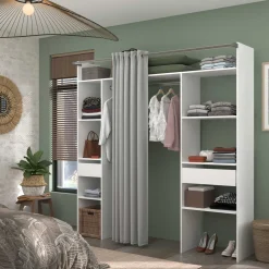 Kleiderschrank Botan 198cm - mit Vorhang - 6 Einlegeböden, 2 Kleiderstangen und 2 Schubladen - weiß