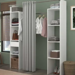 Kleiderschrank Botan 176cm - mit Vorhang - 6 Einlegeböden, 2 Kleiderstangen, 1 Schublade - weiß