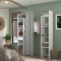 Kleiderschrank Botan 176cm - mit Vorhang - 6 Einlegeböden, 2 Kleiderstangen, 1 Schublade - weiß