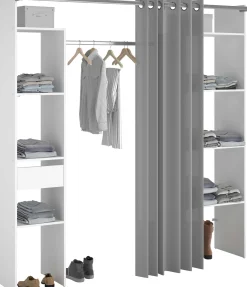 Kleiderschrank Botan 198cm - mit Vorhang - 6 Einlegeböden, 2 Kleiderstangen und 1 Schublade - weiß