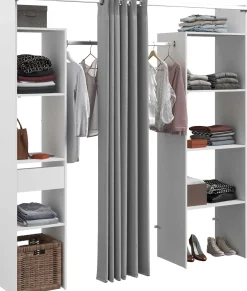 Kleiderschrank Botan 198cm - mit Vorhang - 6 Einlegeböden, 2 Kleiderstangen und 1 Schublade - weiß