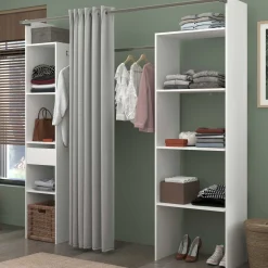 Kleiderschrank Botan 198cm - mit Vorhang - 6 Einlegeböden, 2 Kleiderstangen und 1 Schublade - weiß