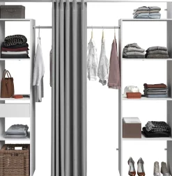 Kleiderschrank Botan 198cm - mit Vorhang - 6 Einlegeböden, 2 Kleiderstangen und 1 Schublade - weiß