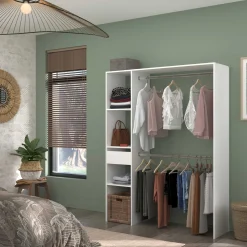 Kleiderschrank Botan 140cm, 1 Schublade und 3 Einlegeböden und 1 Kleiderstange - weiß