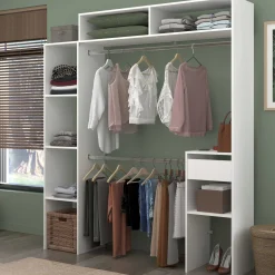 Kleiderschrank Botan 140 - 176cm, vier Einlegeböden, 2 Kleiderstangen, 1 Schublade - weiß