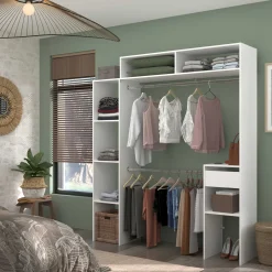 Kleiderschrank Botan 140 - 176cm, vier Einlegeböden, 2 Kleiderstangen, 1 Schublade - weiß