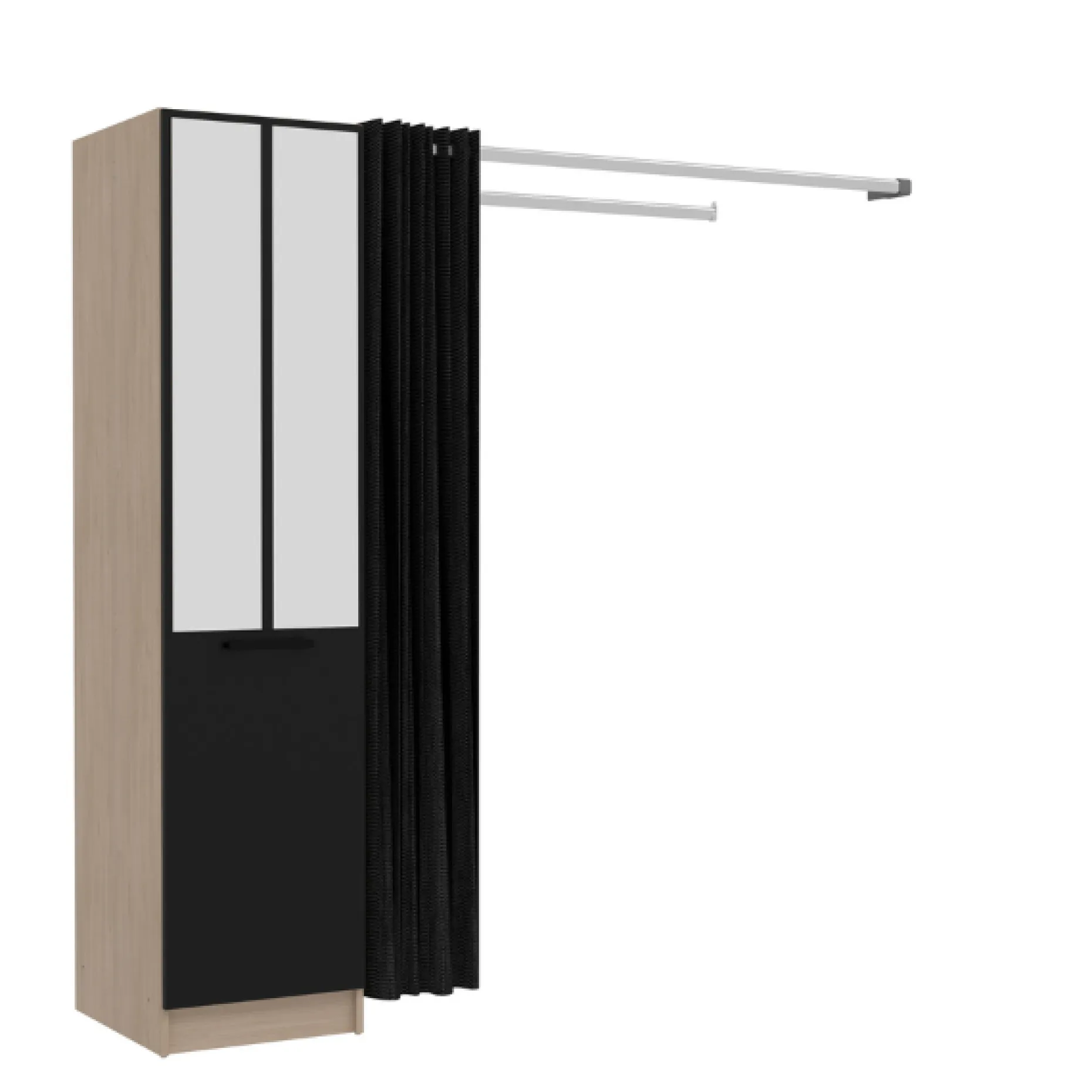 Kleiderschrank Botan H - 180 cm-1 Drehtür, 3 Einlegeböden, 1 Kleiderstange, 1 Vorhang Eiche