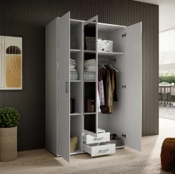 Kleiderschrank Daniela 120cm mit 3 Türen 2 Schubladen und Spiegel - weiß